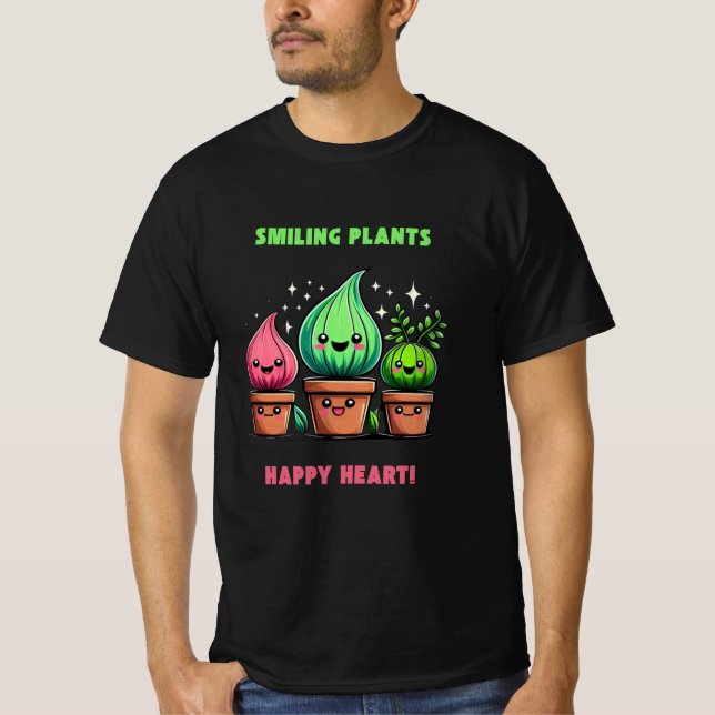 Smiling Plants, Happy Heart – Kawaii Nature Design T-Shirt (Front)