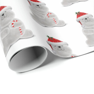 smiling polar bear with candy cane wrapping paper