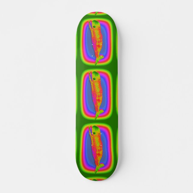 smiling psychedelic whales skateboard deck (Front)