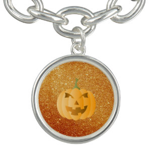 Smiling Pumpkin Faux Glitter Silver Charm Bracelet