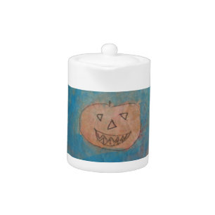 Smiling Pumpkin, Halloween Kids Art Watercolor Teapot