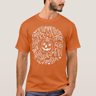 Smiling Pumpkin Halloween Typography Words Happy H T-Shirt