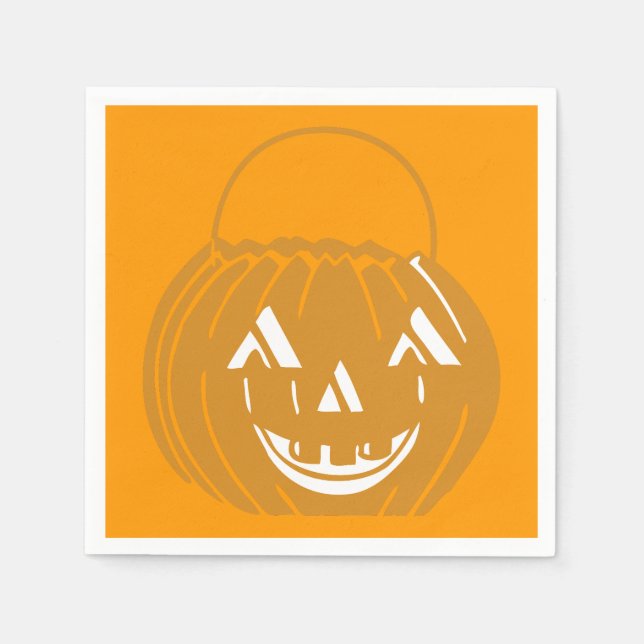 Smiling Pumpkin Pail Orange Paper Napkin (Front)