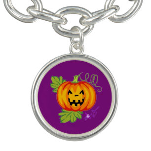 Smiling Pumpkin Silver Round Charm Bracelet