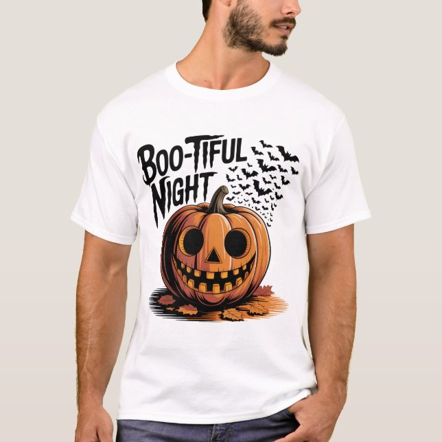 Smiling Pumpkin with Fall Leaves Design T-Shirt (Front)