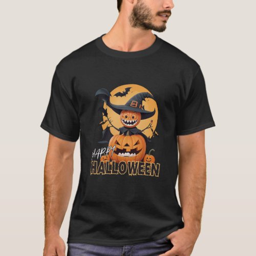 Smiling Pumpkin With Witch Hat T_Shirt