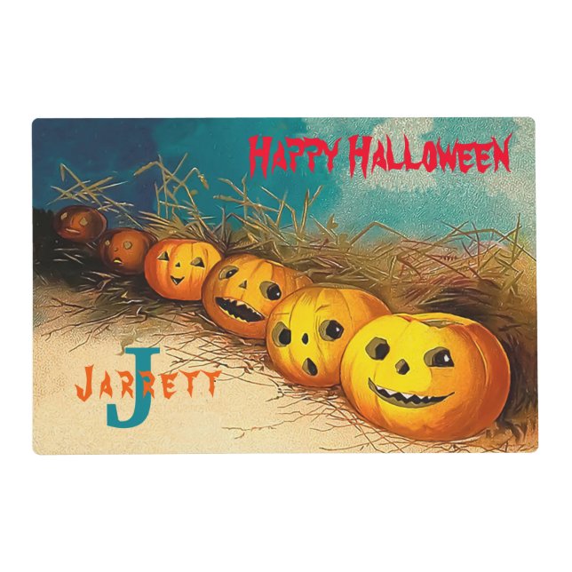 Smiling Pumpkins Happy Halloween Monogram Custom Placemat (Front)