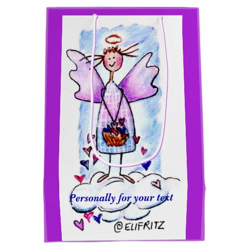 Smiling Purple Angel on White Cloud with Hearts   Medium Gift Bag