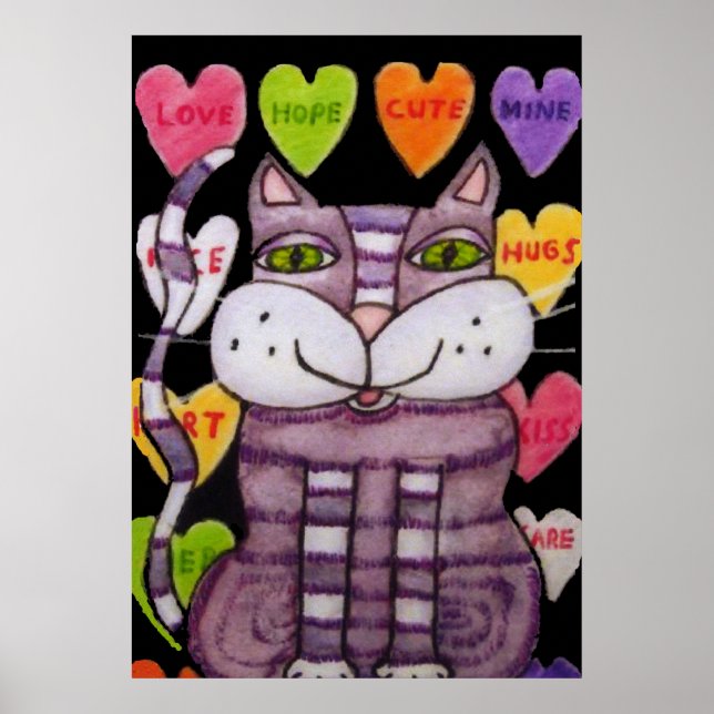 Smiling Purple Valentine Cat Candy Hearts Black Poster (Front)
