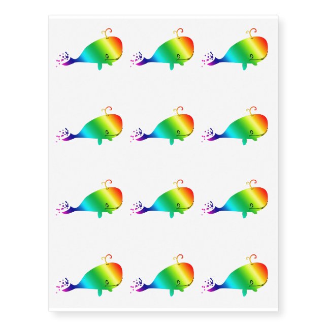 Smiling Rainbow Whale With Bubbles Temporary Tattoos (Front)