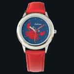Smiling Red Crab Kid's Personalized Watch<br><div class="desc">This fun watch features a sweet vector illustration of a smiling red crab on a blue background,  and can be personalized with your child's name,  monogram,  initial,  or any text of your choice for a perfect custom gift.</div>