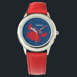 Smiling Red Crab Kid's Personalized Watch<br><div class="desc">This fun watch features a sweet vector illustration of a smiling red crab on a blue background,  and can be personalized with your child's name,  monogram,  initial,  or any text of your choice for a perfect custom gift.</div>