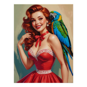 Smiling Redhead Pin-Up and Parrot Poster