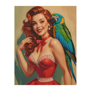 Smiling Redhead Pin-Up and Parrot Wood Wall Art