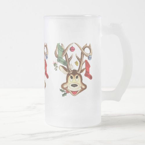 Smiling Reindeer Decorated With Christmas Ornament Frosted Glass Beer Mug