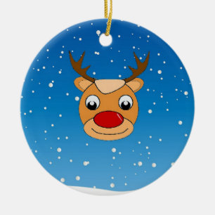 Smiling reindeer on blue ceramic ornament