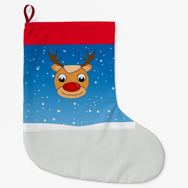Smiling reindeer on blue large christmas stocking (Front)