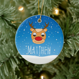 Smiling reindeer snowfall personalised blue ceramic ornament