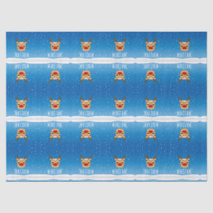 Smiling reindeer snowfall personalised blue tissue paper