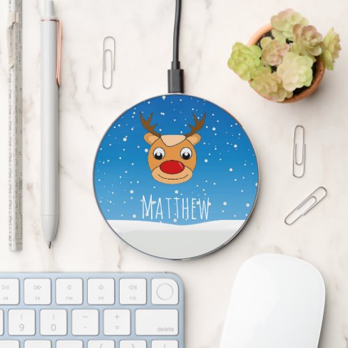 Smiling reindeer snowfall personalised blue wireless charger 