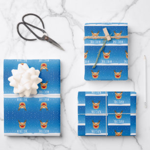 Smiling reindeer snowfall personalised blue wrapping paper sheets