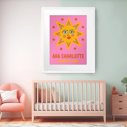 Smiling Retro Sun CUSTOM BABY NAME BIRTHDATE Art Poster