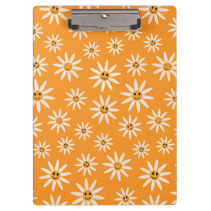 Smiling Retro White Flowers on Orange Clipboard