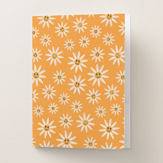 Smiling Retro White Flowers on Orange Pocket Folder