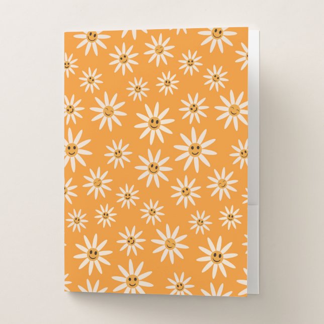 Smiling Retro White Flowers on Orange  Pocket Folder (Front)