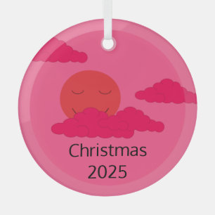 Smiling, Rising Sun with Popcorn Clouds: Fuchsia Glass Ornament