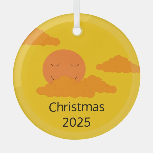 Smiling, Rising  Sun with Popcorn Clouds: Golden Glass Ornament (Front)