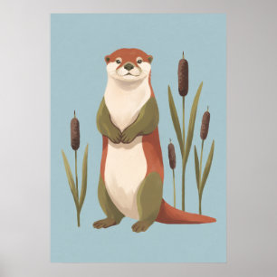 Smiling River Otter with Cattails Nursery Art Poster
