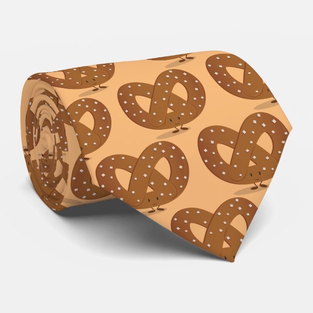 Smiling Salted Pretzel Cartoon Food Neck Tie (Rolled)
