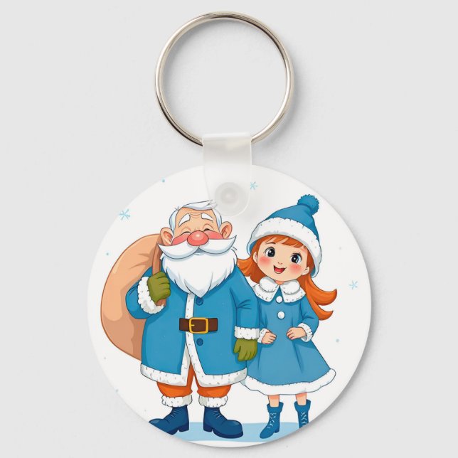 🎅 Smiling Santa Claus And Snow Maiden Festive Keychain (Front)