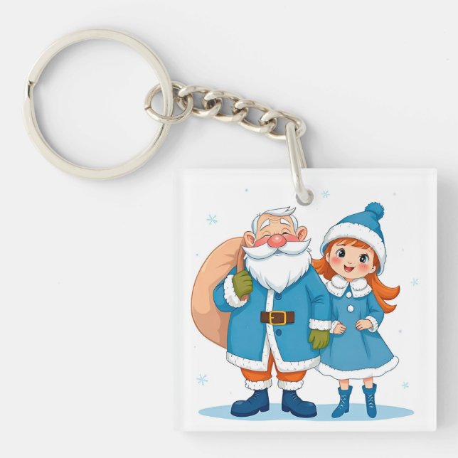 Smiling Santa Claus and snow maiden Keychain (Front)