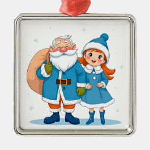 Smiling Santa Claus and snow maiden Metal Ornament