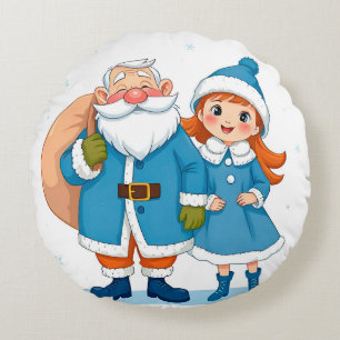 Smiling Santa Claus and snow maiden Round Pillow