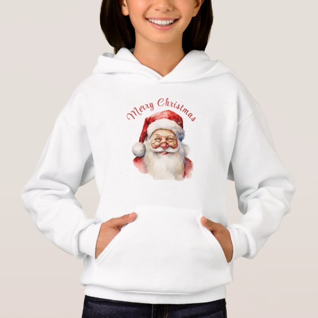 Smiling Santa Claus Reindeer Red Bow Hoodie (Front)