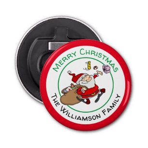 Smiling Santa Delivering Christmas Presents Bottle Opener