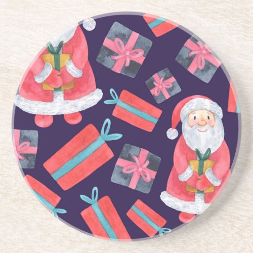 Smiling Santa Watercolor Christmas Seamless Coaster