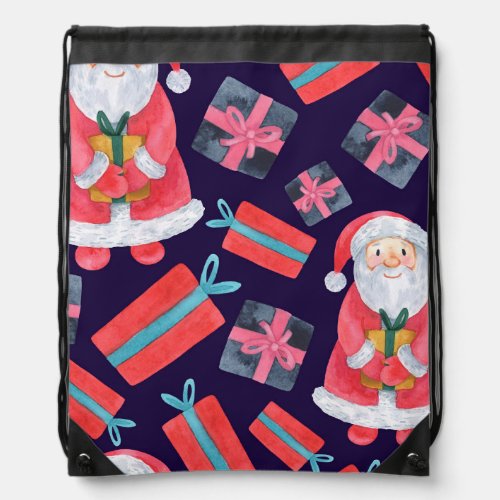 Smiling Santa Watercolor Christmas Seamless Drawstring Bag