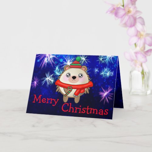 Smiling Santa Xmas Hedgehog with Stars Card