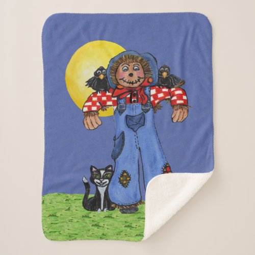 Smiling Scarecrow Crows Black Cat Yellow Moon Sherpa Blanket