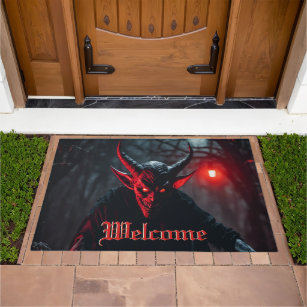 Smiling Scary Red Eyed Crawling Devil Halloween Doormat