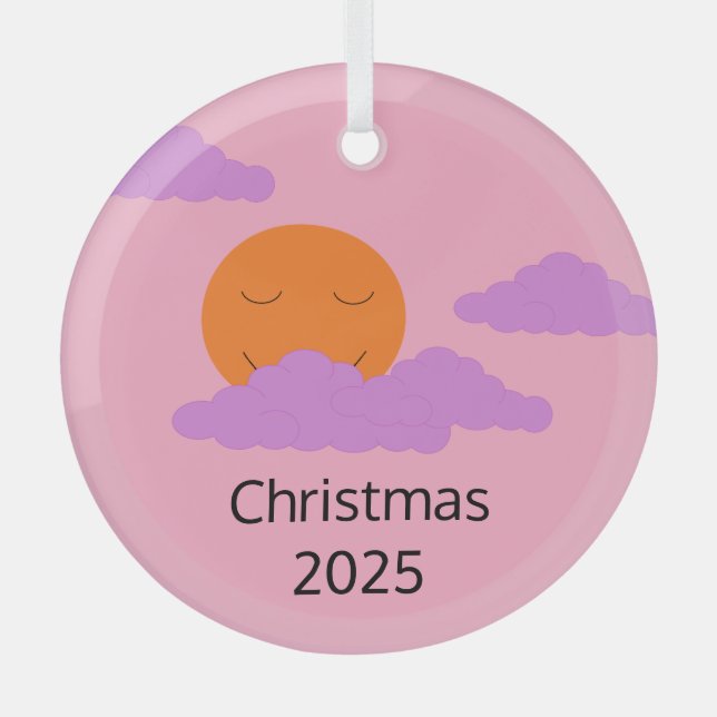 Smiling, Setting Sun with Popcorn Clouds: Lavender Glass Ornament (Front)