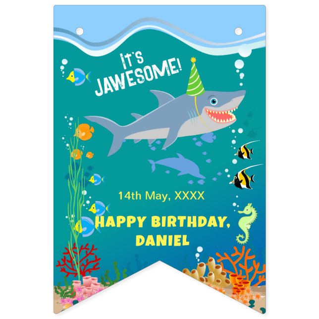Smiling shark under the sea boy Birthday Party Bunting Flags (First Flag)