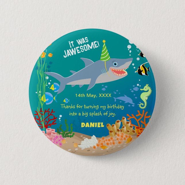 Smiling shark under the sea boy Birthday Party Button (Front)