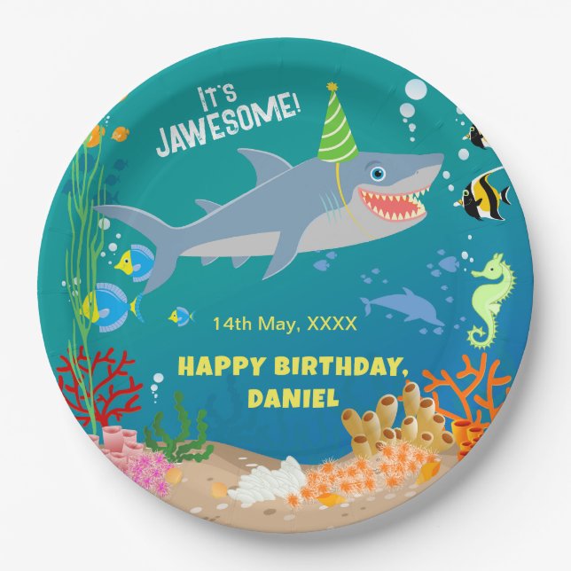 Smiling shark under the sea boy Birthday Party Paper Plates (Front)
