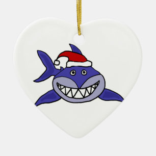 Smiling Shark Wearing Santa hat Christmas Art Ceramic Ornament