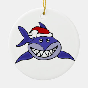 Smiling Shark Wearing Santa hat Christmas Art Ceramic Ornament